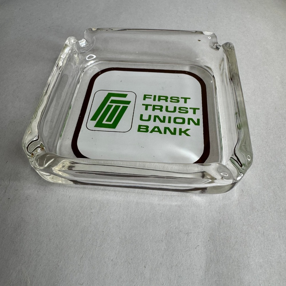 Vintage First Trust Union Bank Glass‎ Ashtray Square Mid Century Advertising
